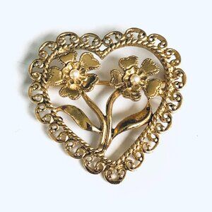 Vintage Avon Filigree Open Heart Brooch~Twin Seed Pearl Flowers Heart Petals Pin